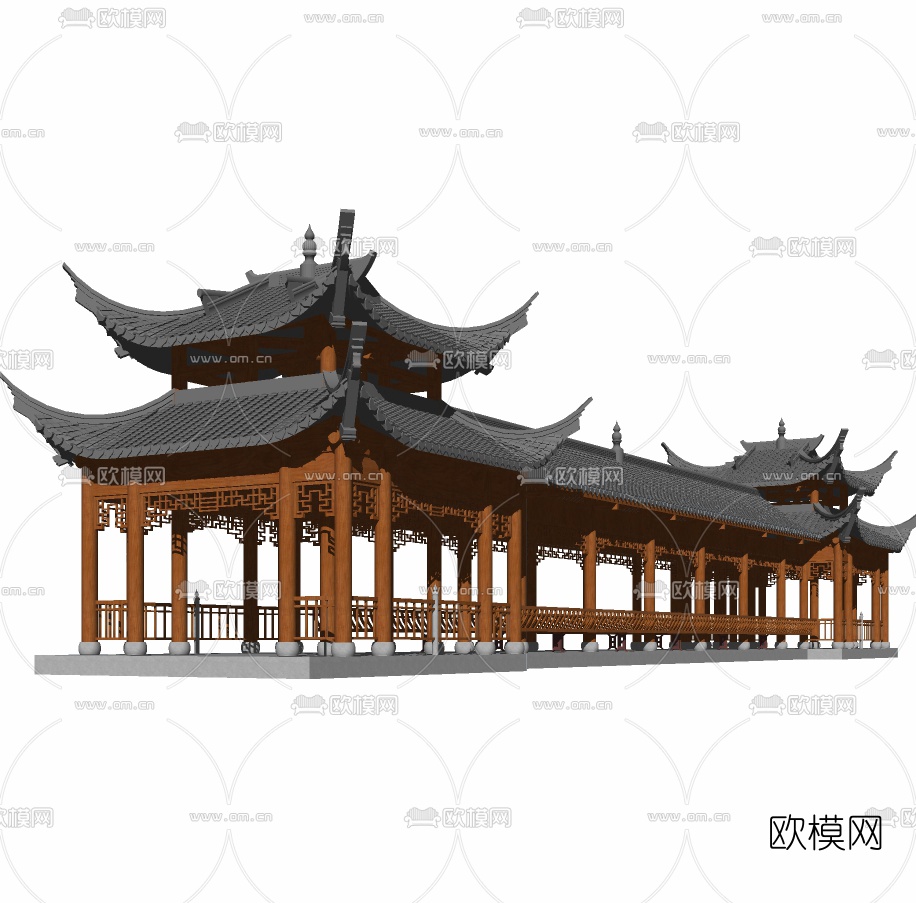 中式廊桥免费su模型下载