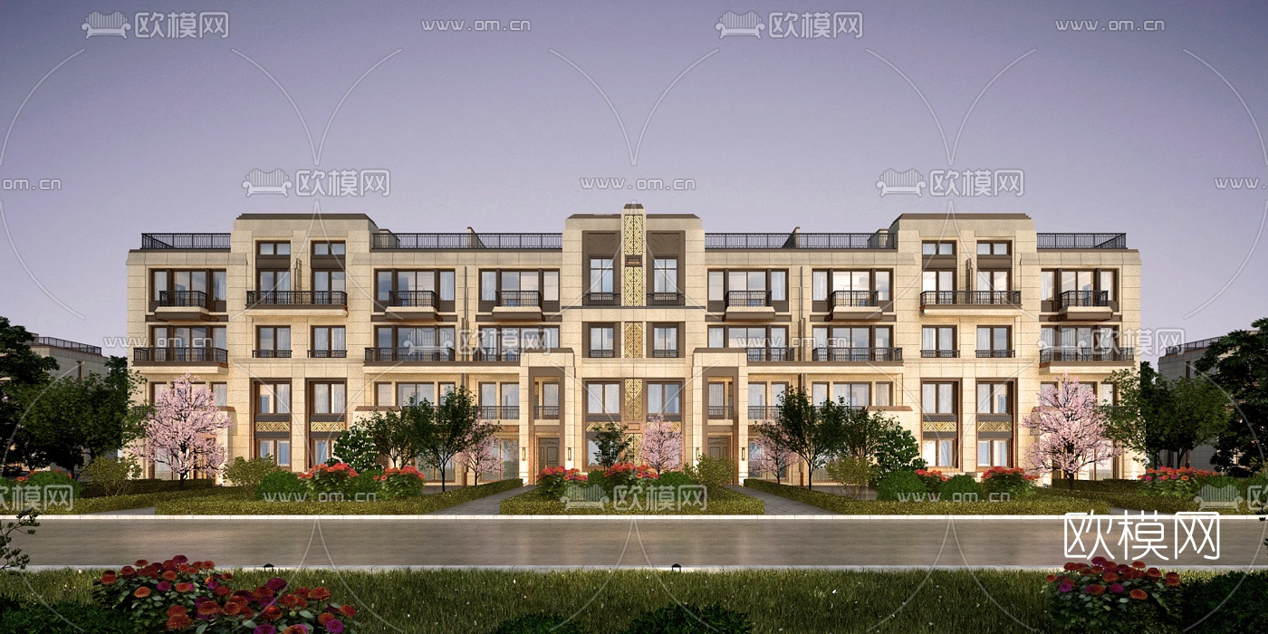 现代住宅楼建筑外观su模型下载（渲染图1）