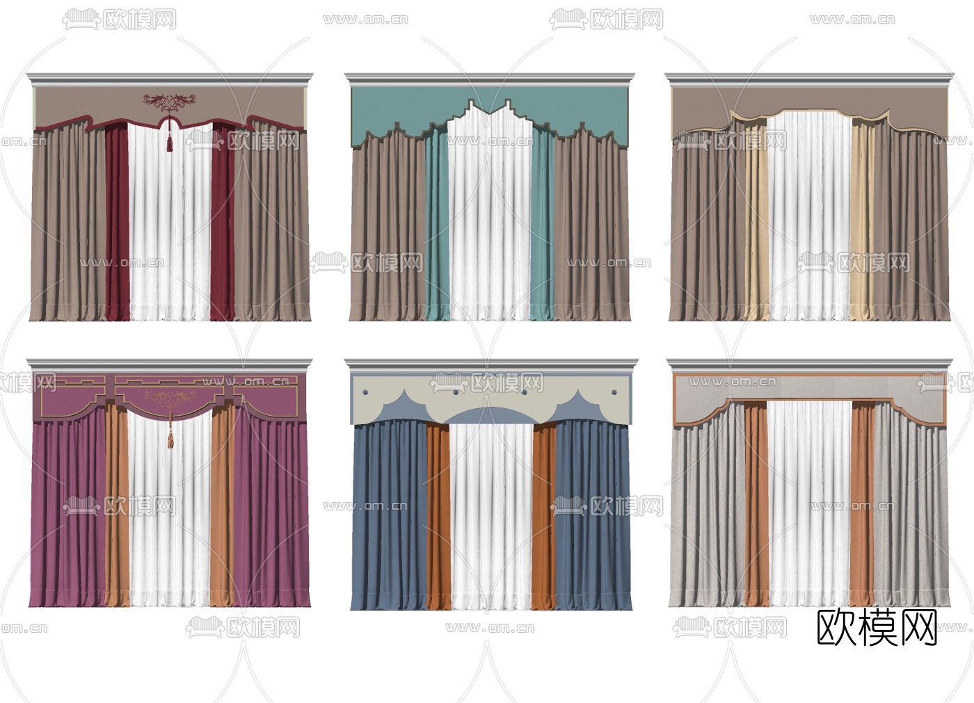 新中式布艺窗帘组合su模型下载