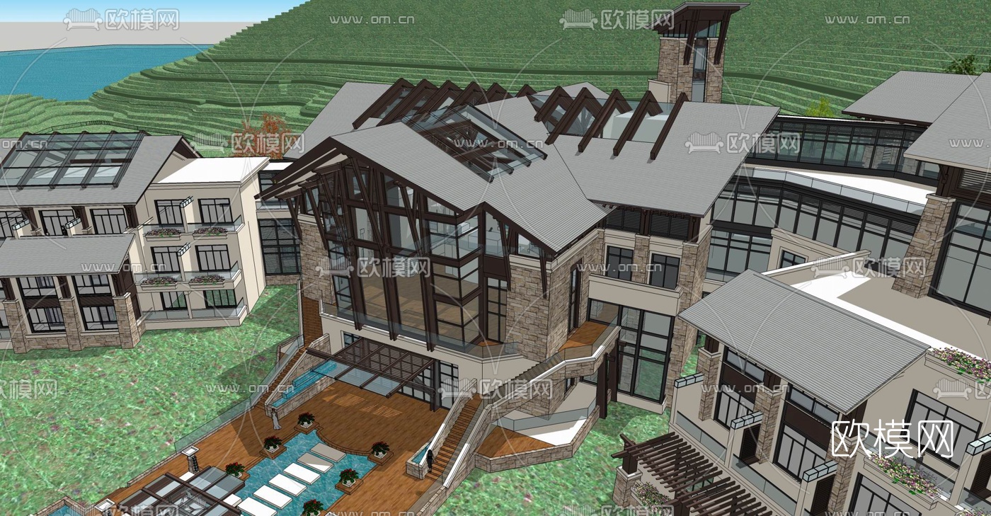 东南亚山地滨水酒店su模型下载（渲染图4）