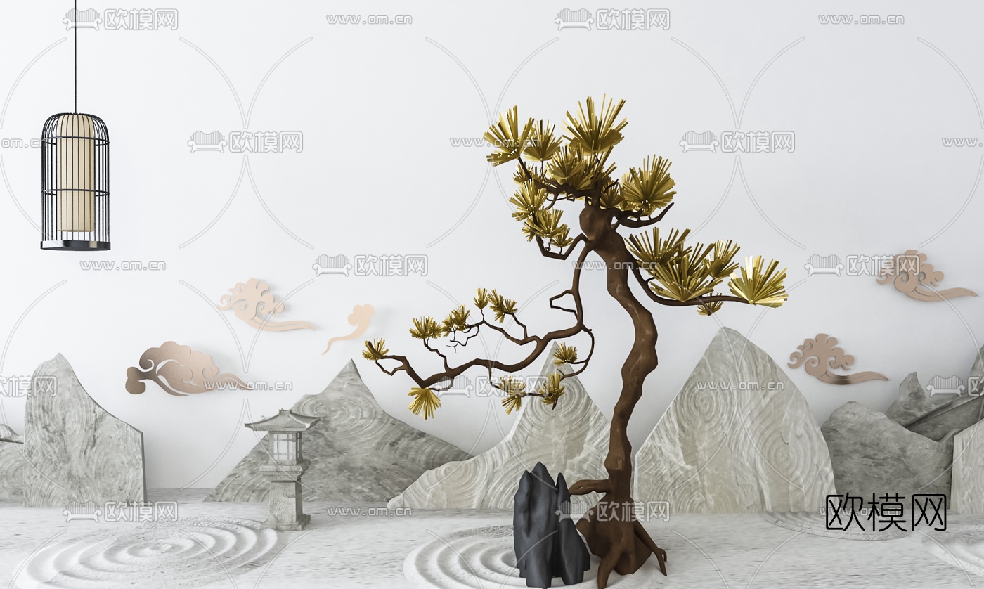 新中式石头松树园艺小品3d模型下载