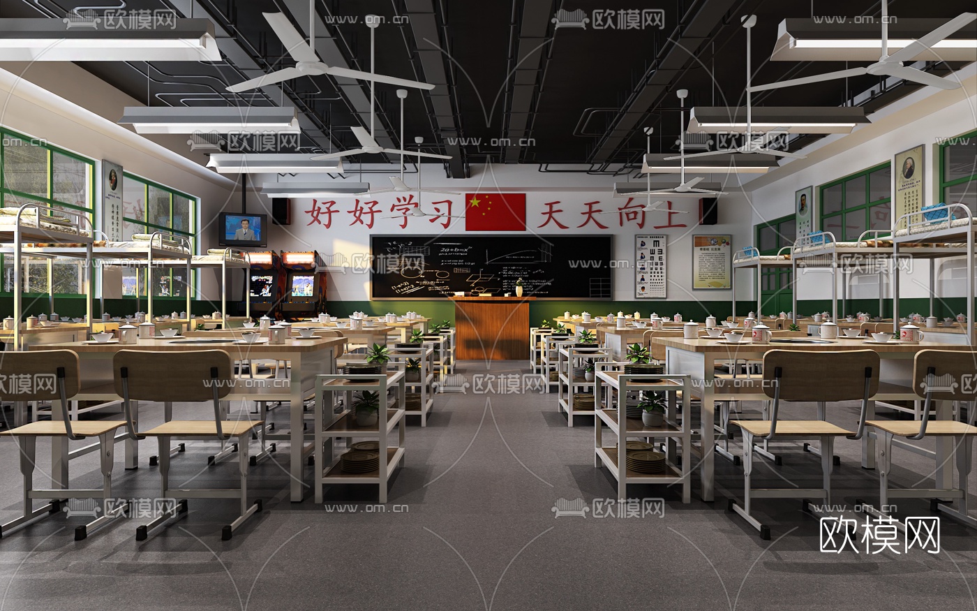 现代怀旧教室火锅餐厅3d模型