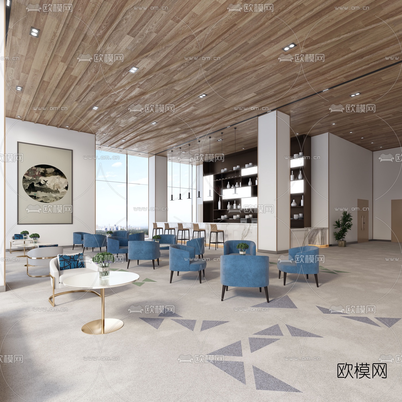 现代前台大厅水吧区3d模型-免费3dmax模型库-欧模网