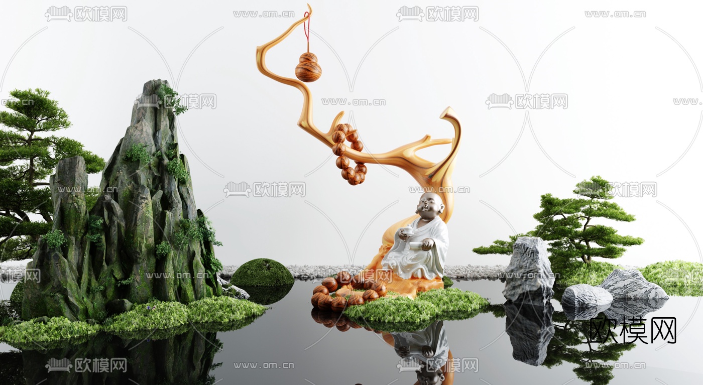 新中式假山水景小品3d模型