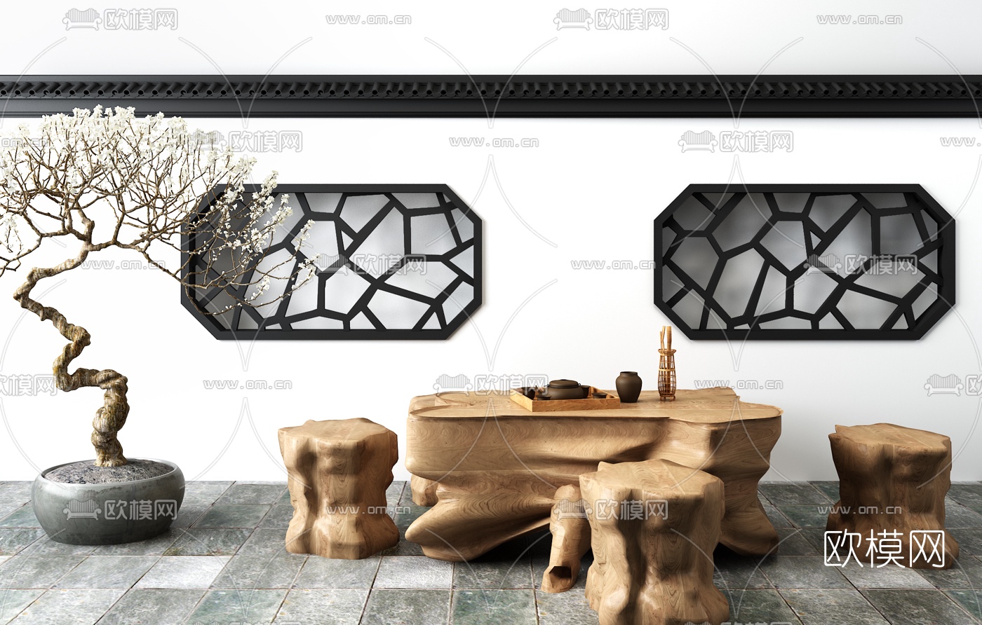新中式根雕茶桌摆件组合3D模型