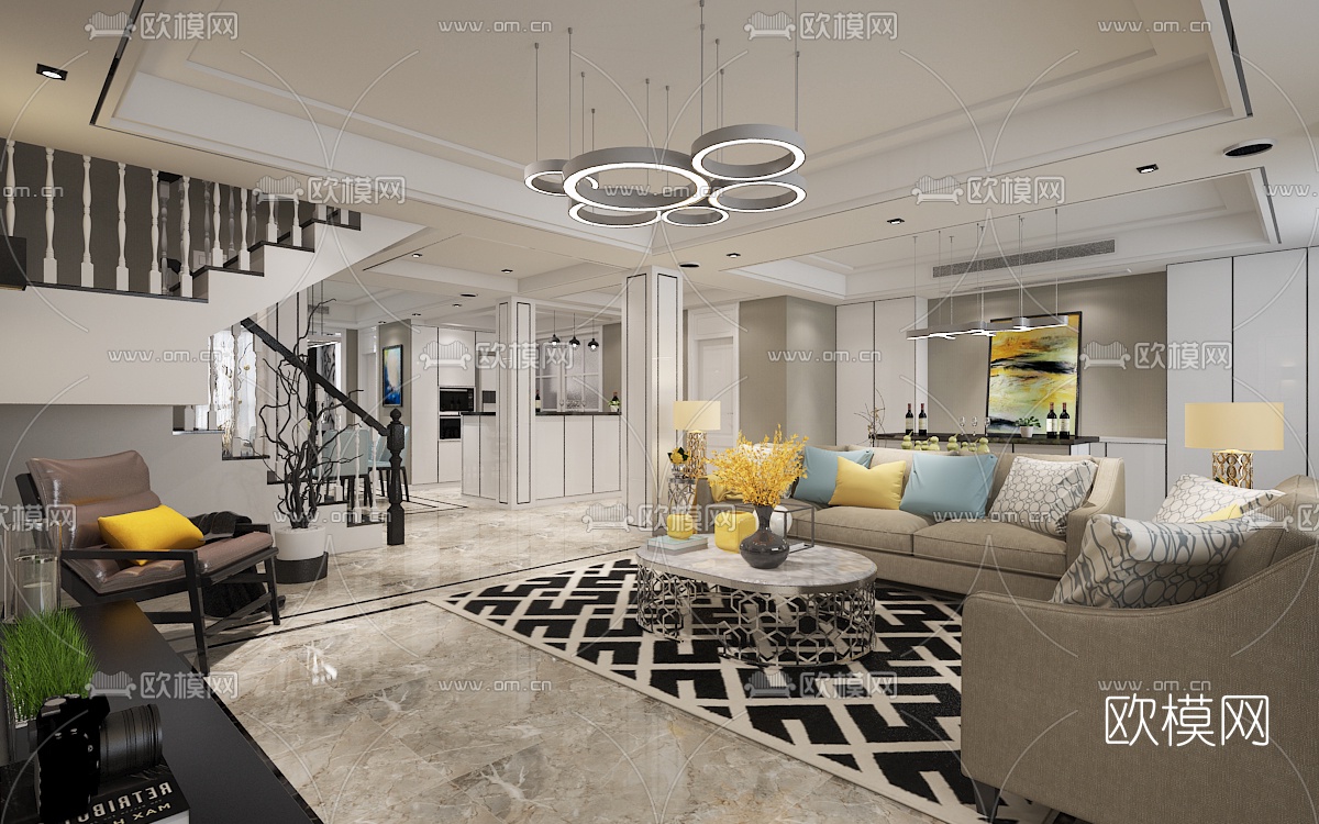 简欧复式客厅餐厅全景3D模型-免费3dmax模型库-欧模网