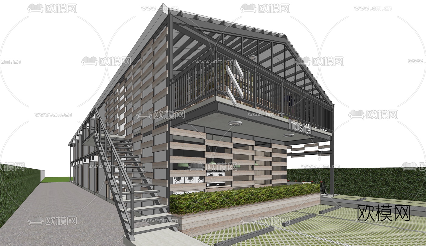 工业风民宿餐厅su模型下载（渲染图2）