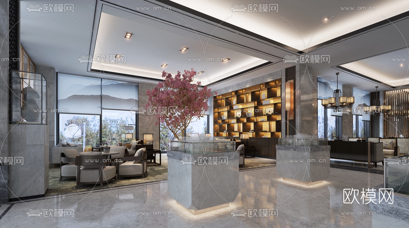 新中式售楼处洽谈区3d模型下载（渲染图2）