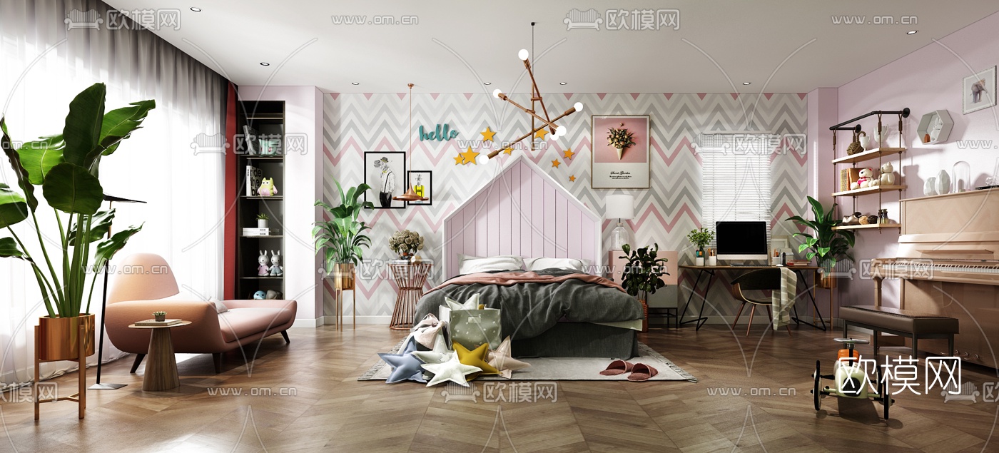 北欧卧室女孩房3D模型