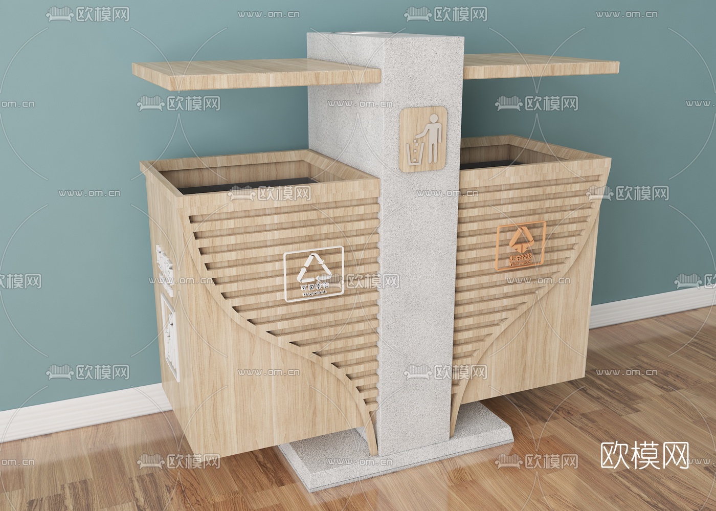 新中式实木公共垃圾桶组合3d模型下载（渲染图3）