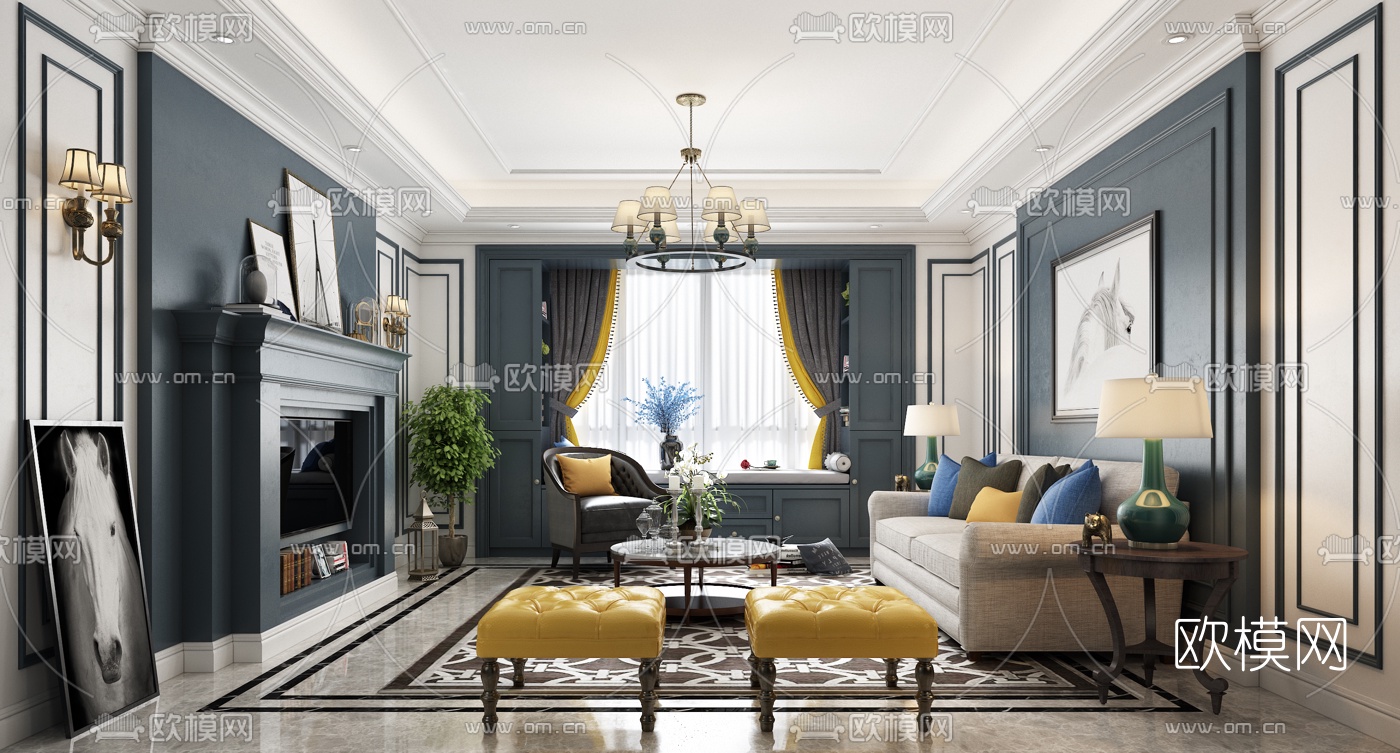 欧式客厅3D模型下载（渲染图1）