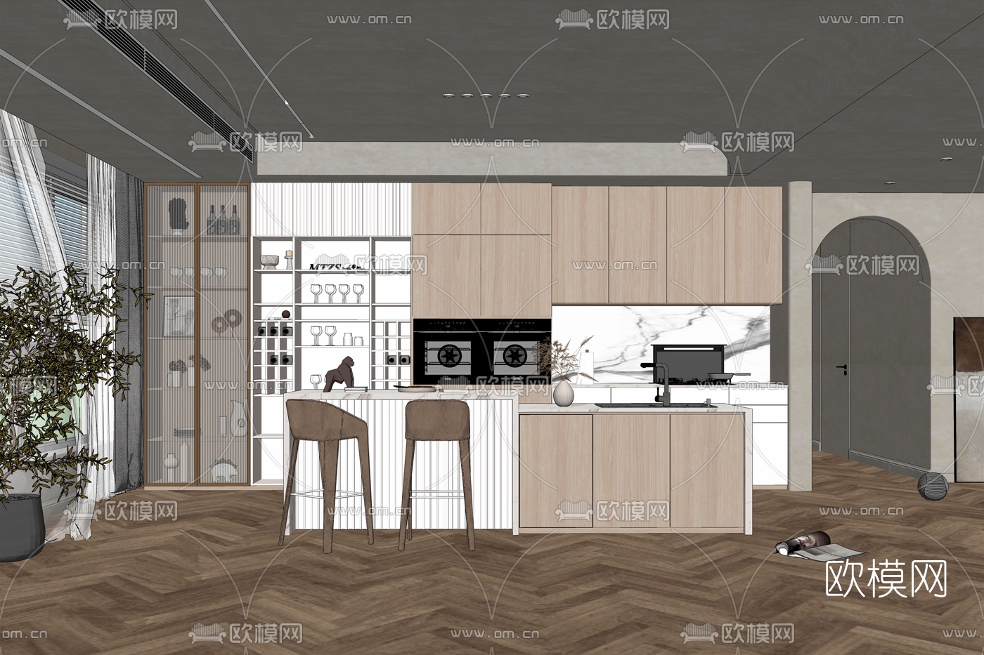 北欧敞开式厨房su模型下载（渲染图2）