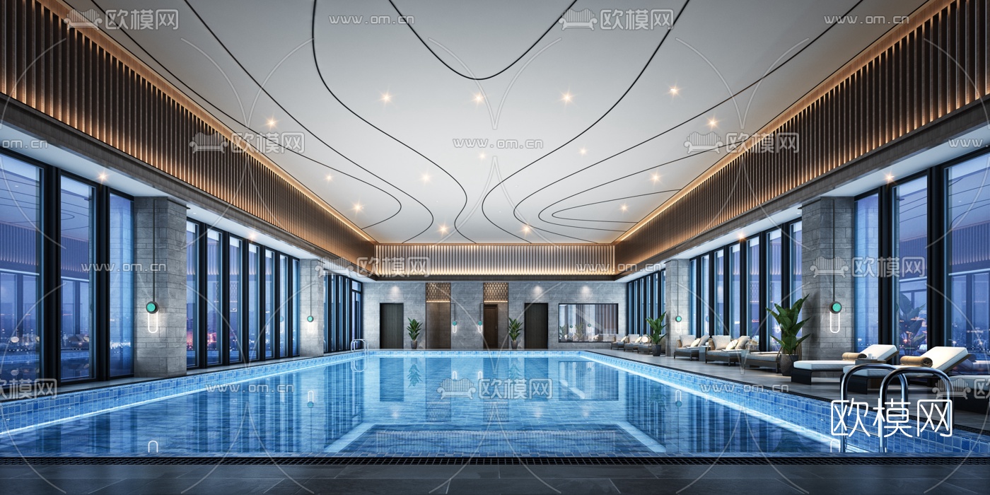 现代酒店游泳池3d模型下载