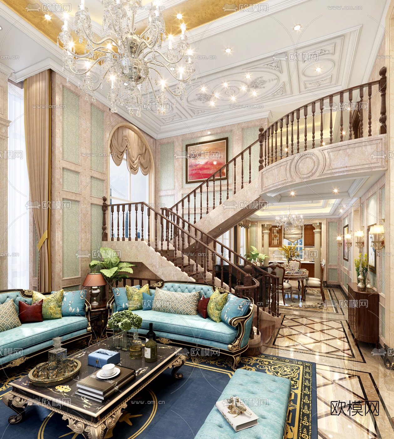 欧式别墅客厅餐厅3D模型下载（渲染图1）