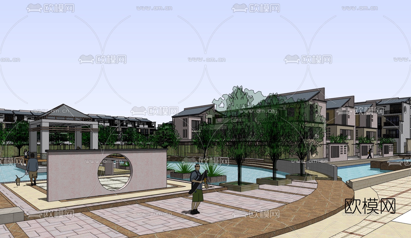 新中式小区规划免费su模型下载（渲染图3）