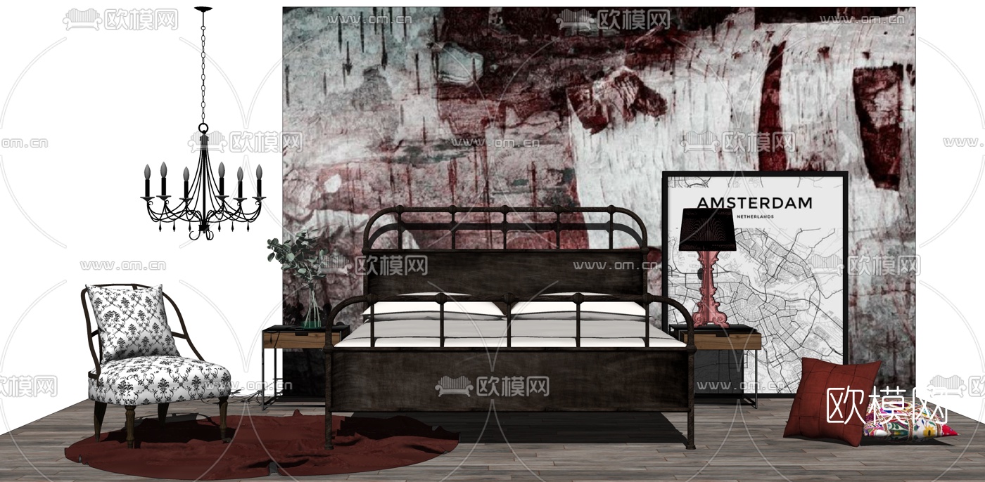 工业风双人床su模型下载