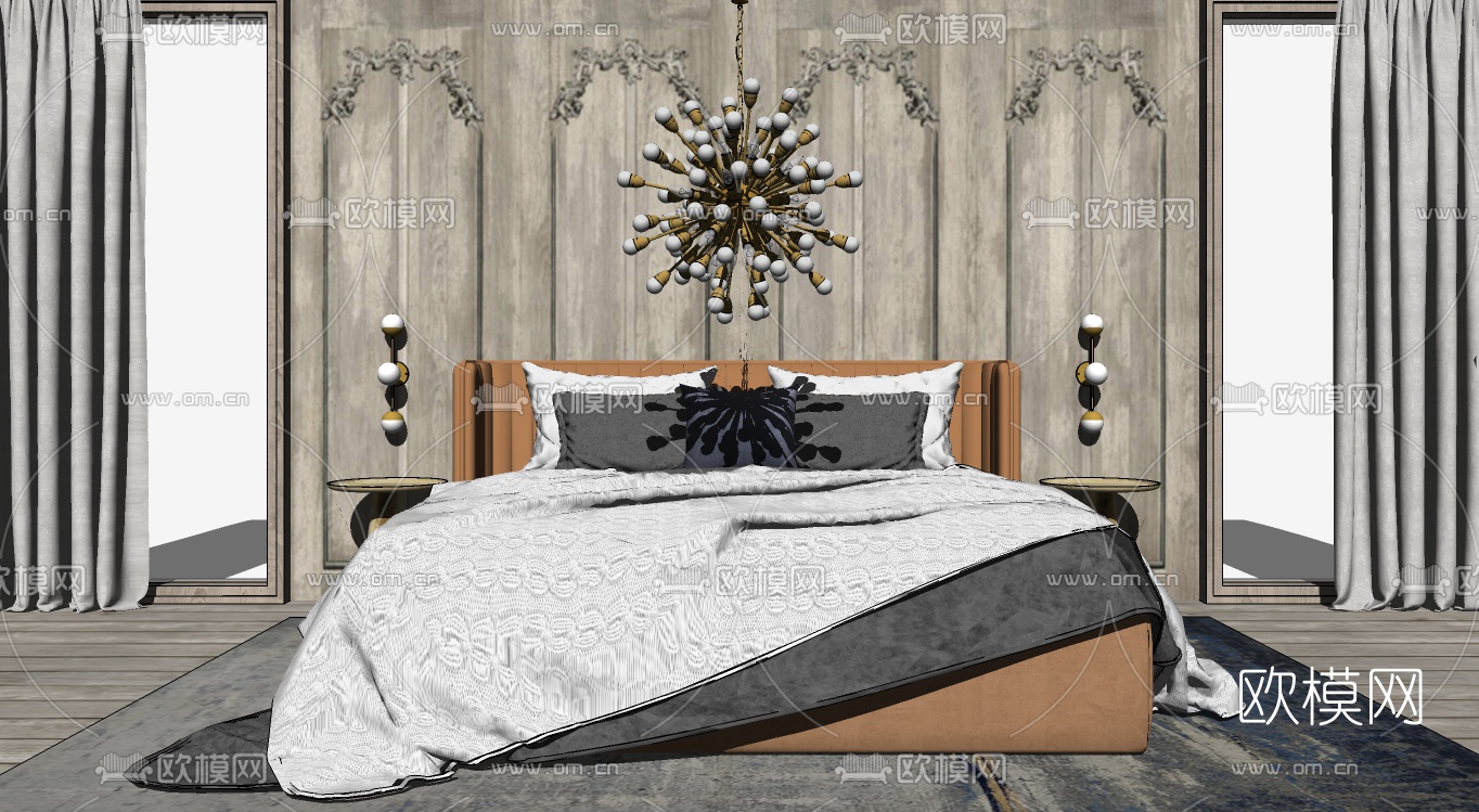 现代布艺轻奢双人床组合su模型下载（渲染图1）
