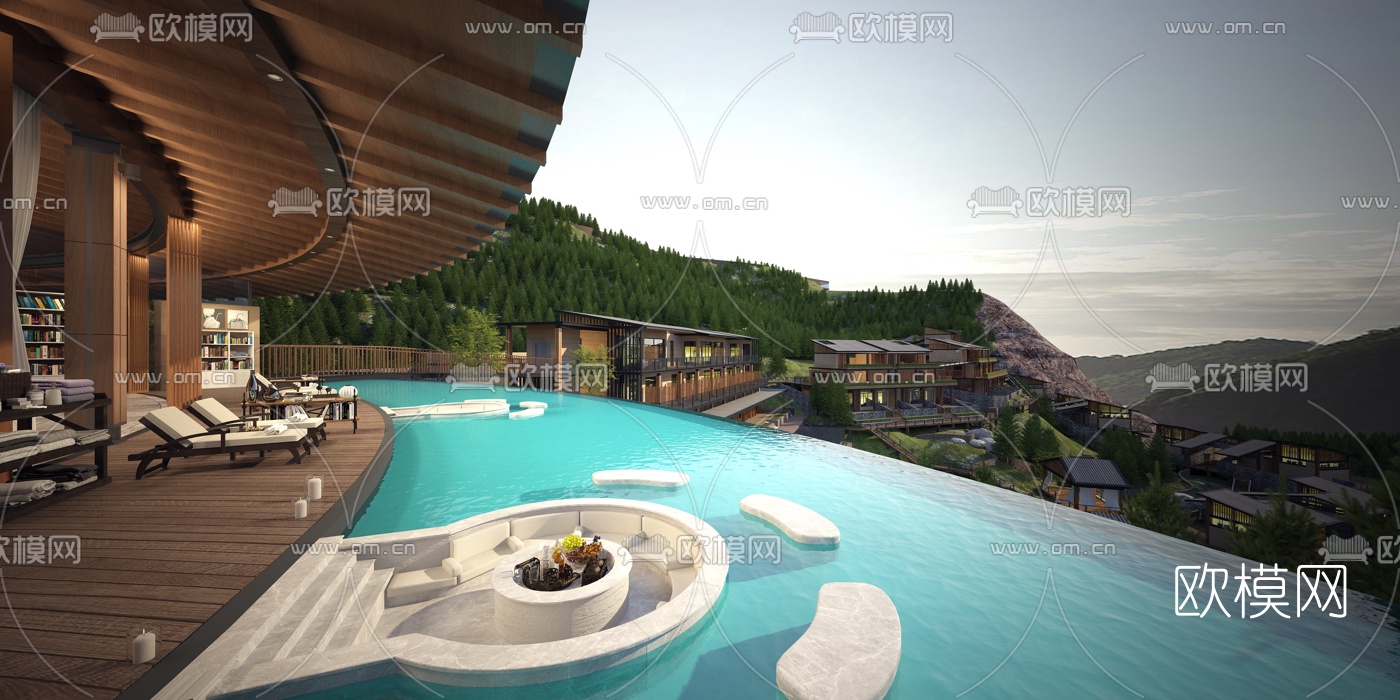 现代别墅庭院泳池3d模型下载