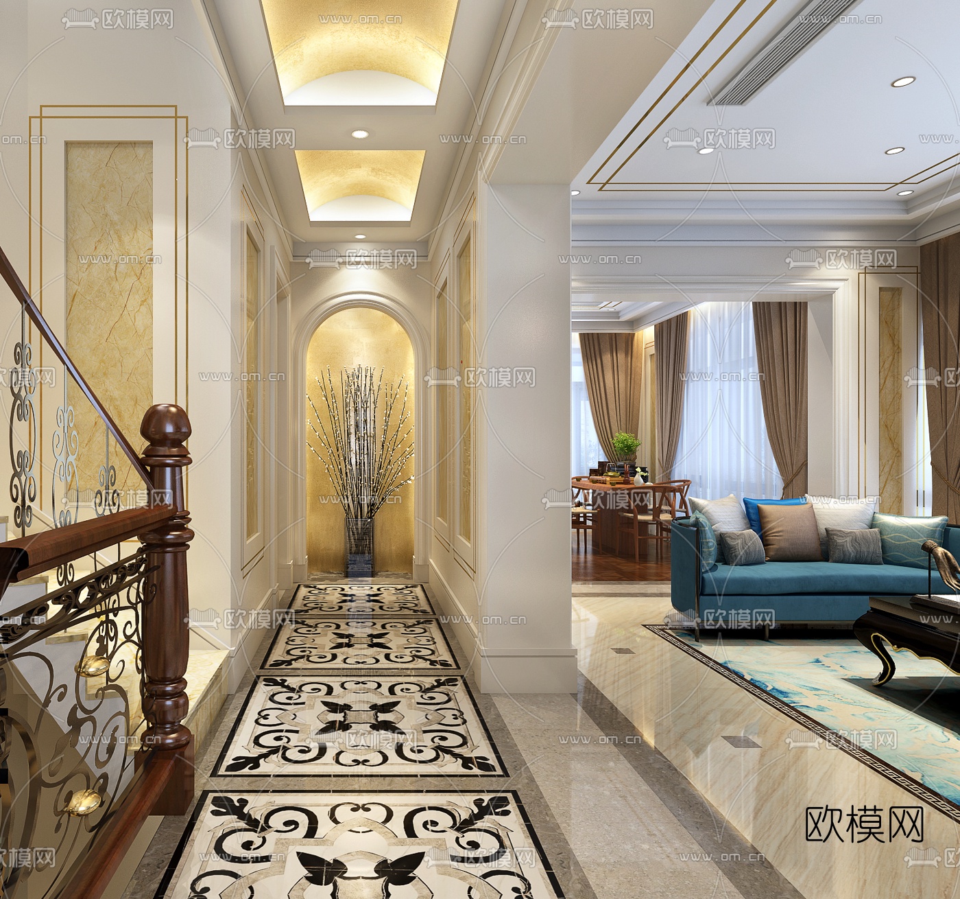新古典复式客厅餐厅走道3D模型下载（渲染图3）