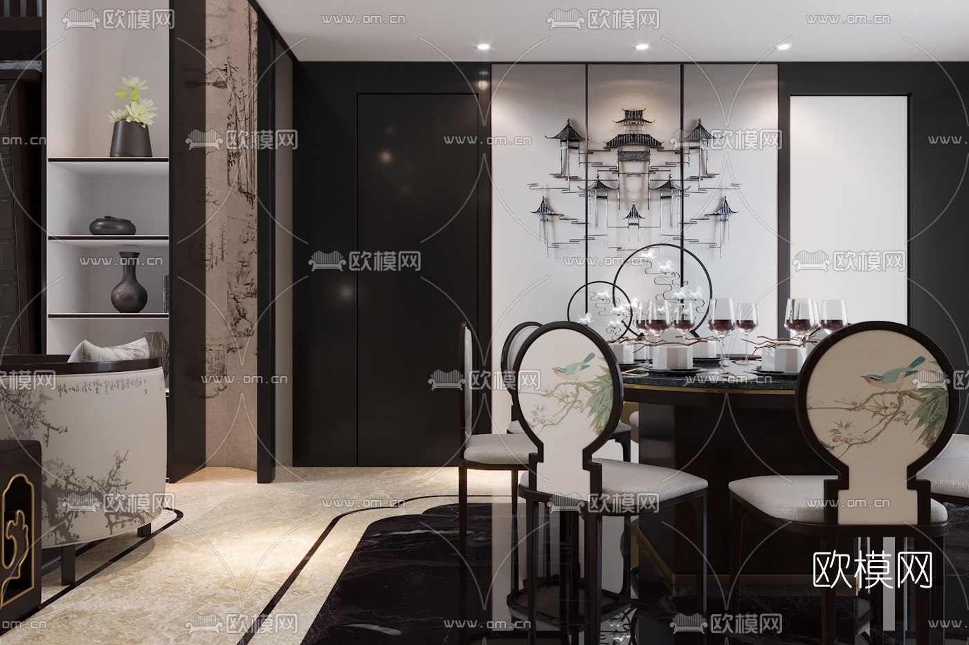 伊派设计中式别墅客厅3D模型下载（渲染图2）