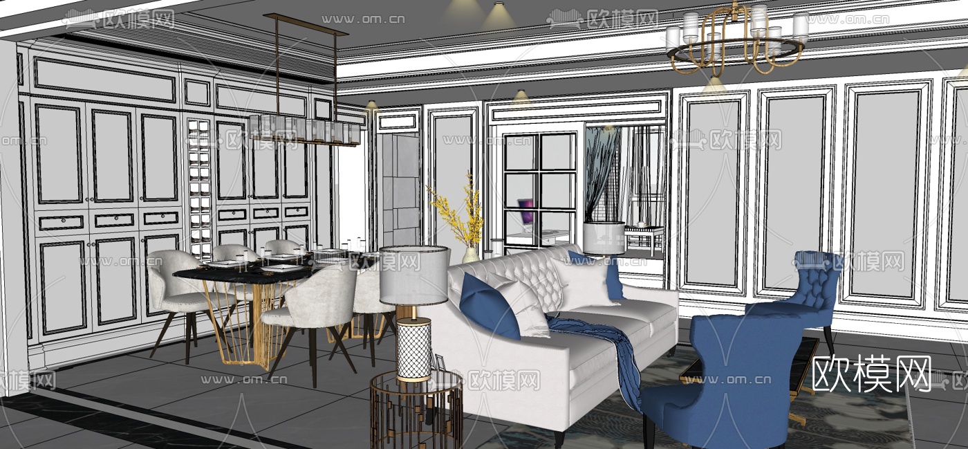 美式轻奢客餐厅su模型下载（渲染图8）