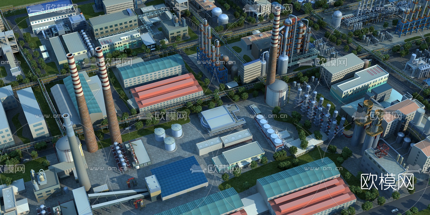 现代化工厂鸟瞰3d模型