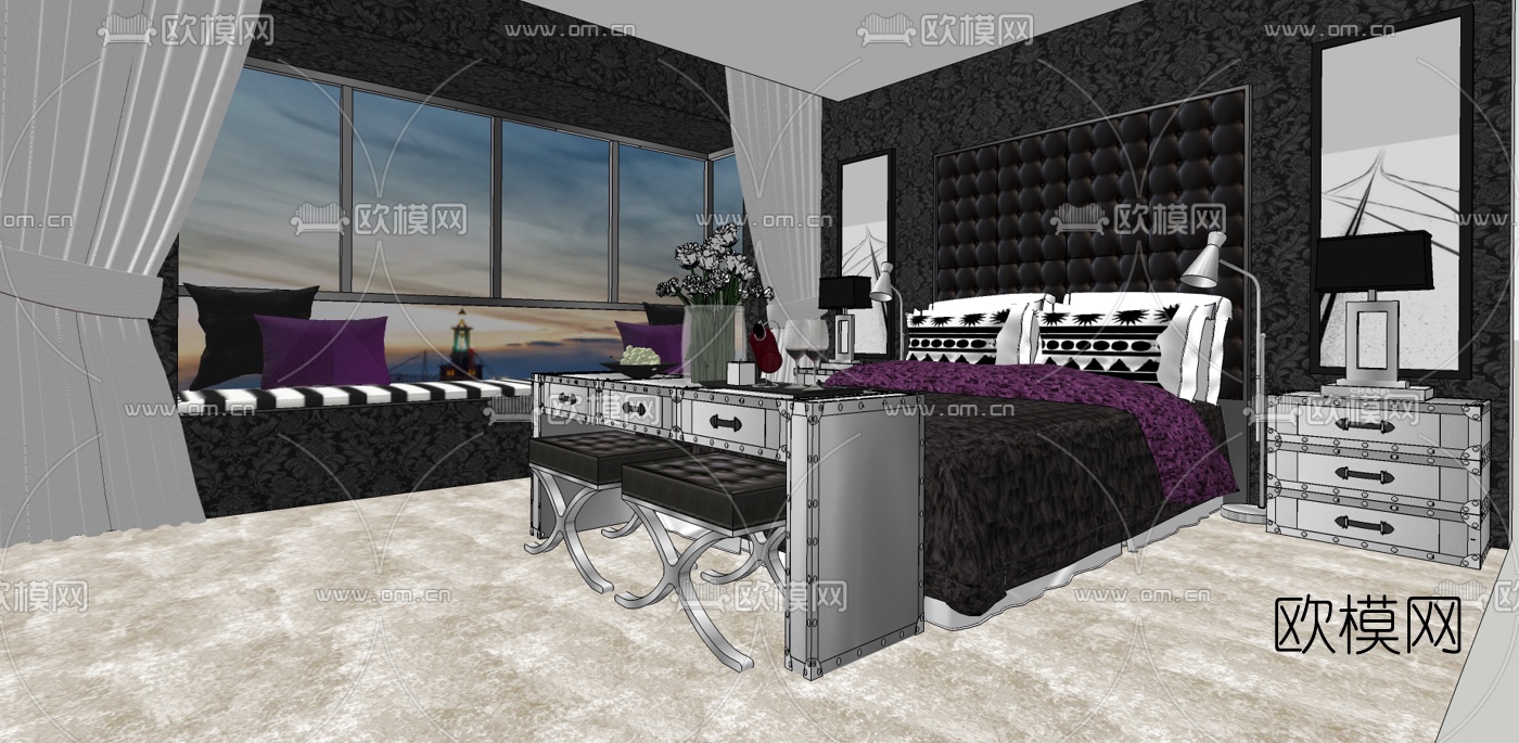 工业风卧室su模型下载