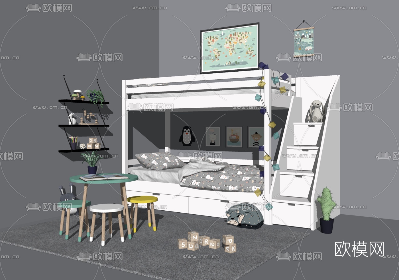 北欧实木儿童高低床su模型下载