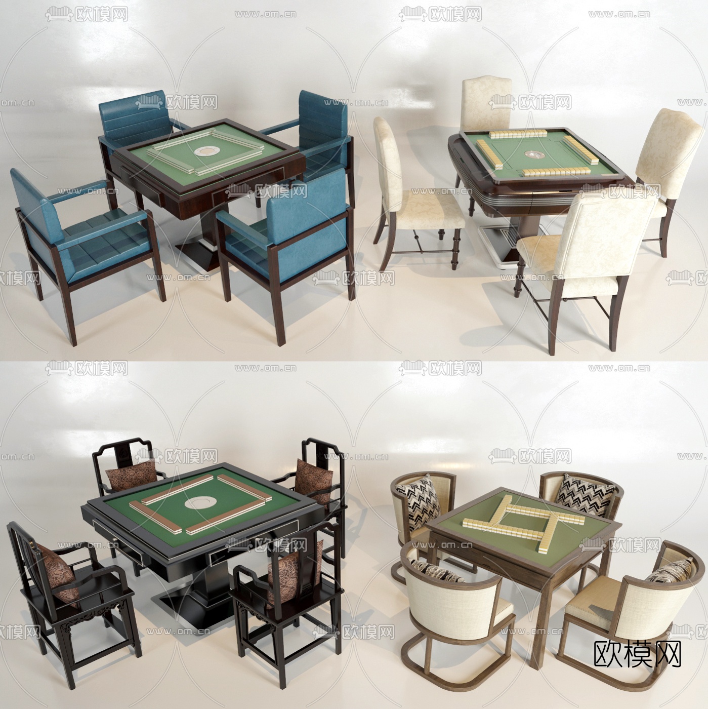 中式实木麻将桌椅组合3D模型