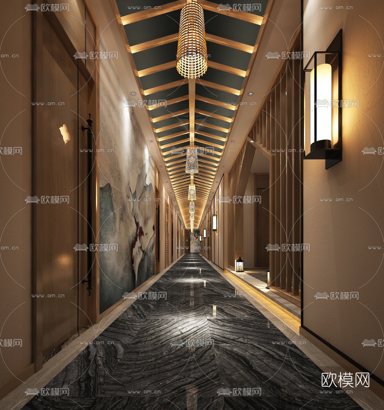 新中式酒店走廊过道3d模型-免费3dmax模型库-欧模网