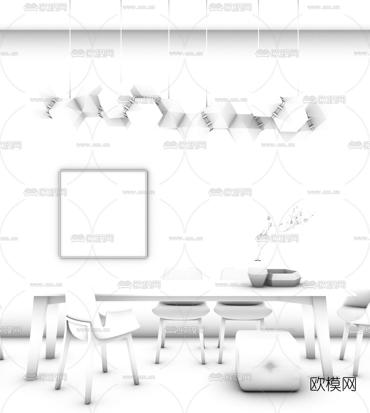 现代餐桌椅吊灯组合3D模型下载（渲染图2）