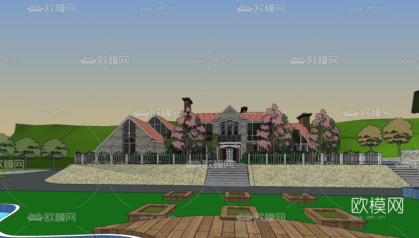 美式独栋别墅su模型下载（渲染图3）