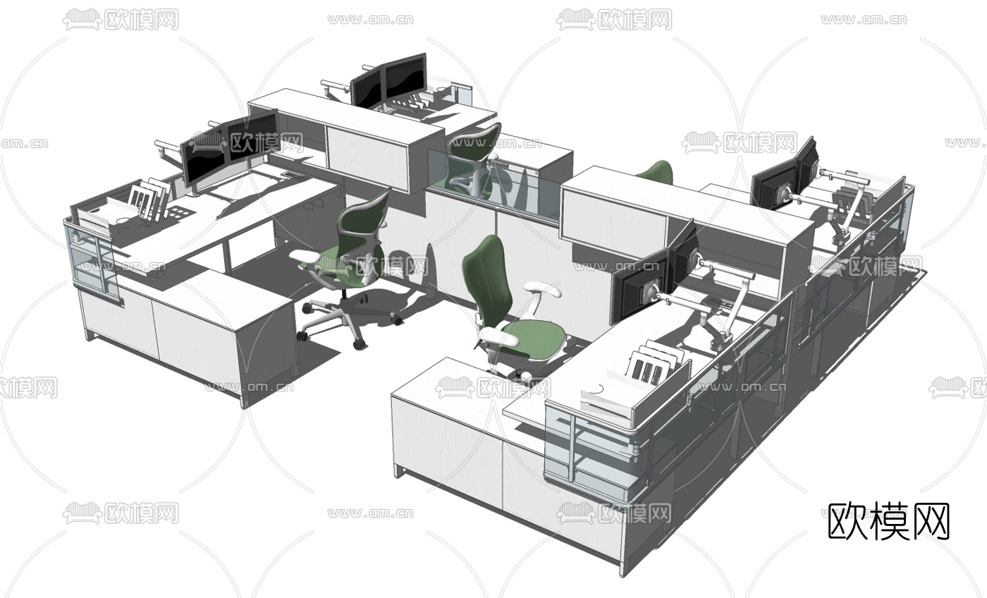 现代办公桌椅组合免费su模型下载（渲染图2）
