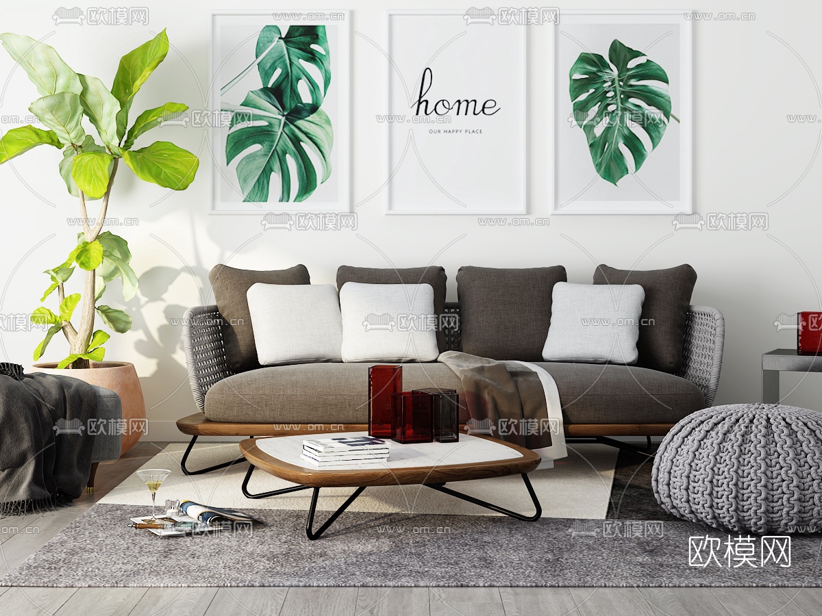 北欧布艺沙发茶几摆件组合3d模型下载