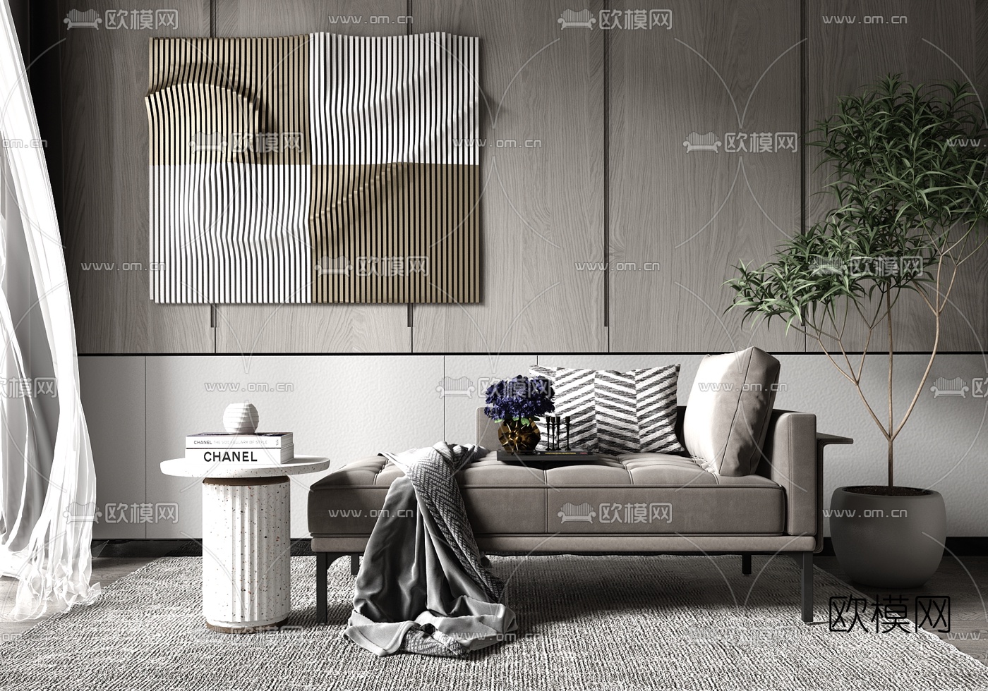 现代轻奢贵妃椅su模型下载（渲染图1）