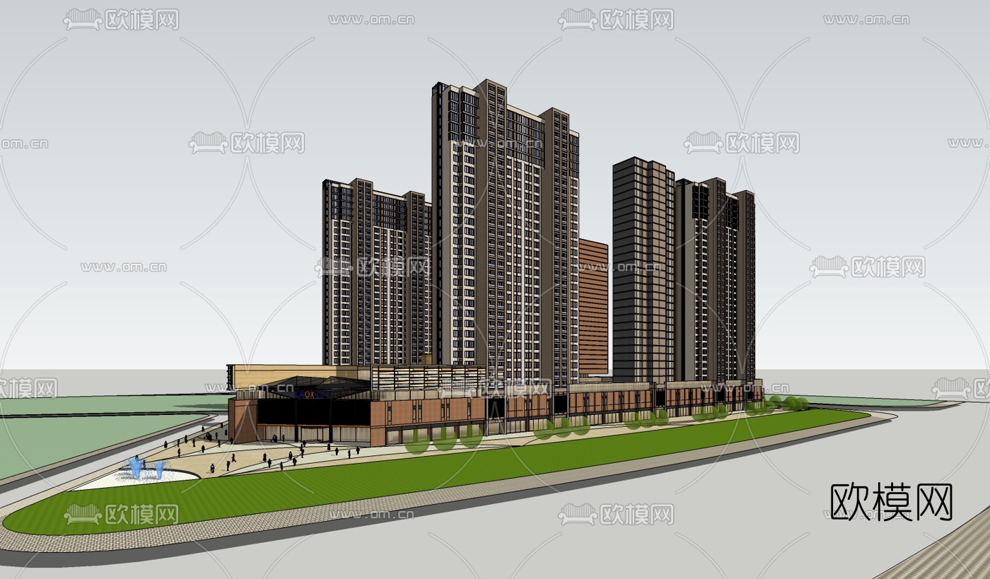 现代商住综合楼su模型下载（渲染图1）