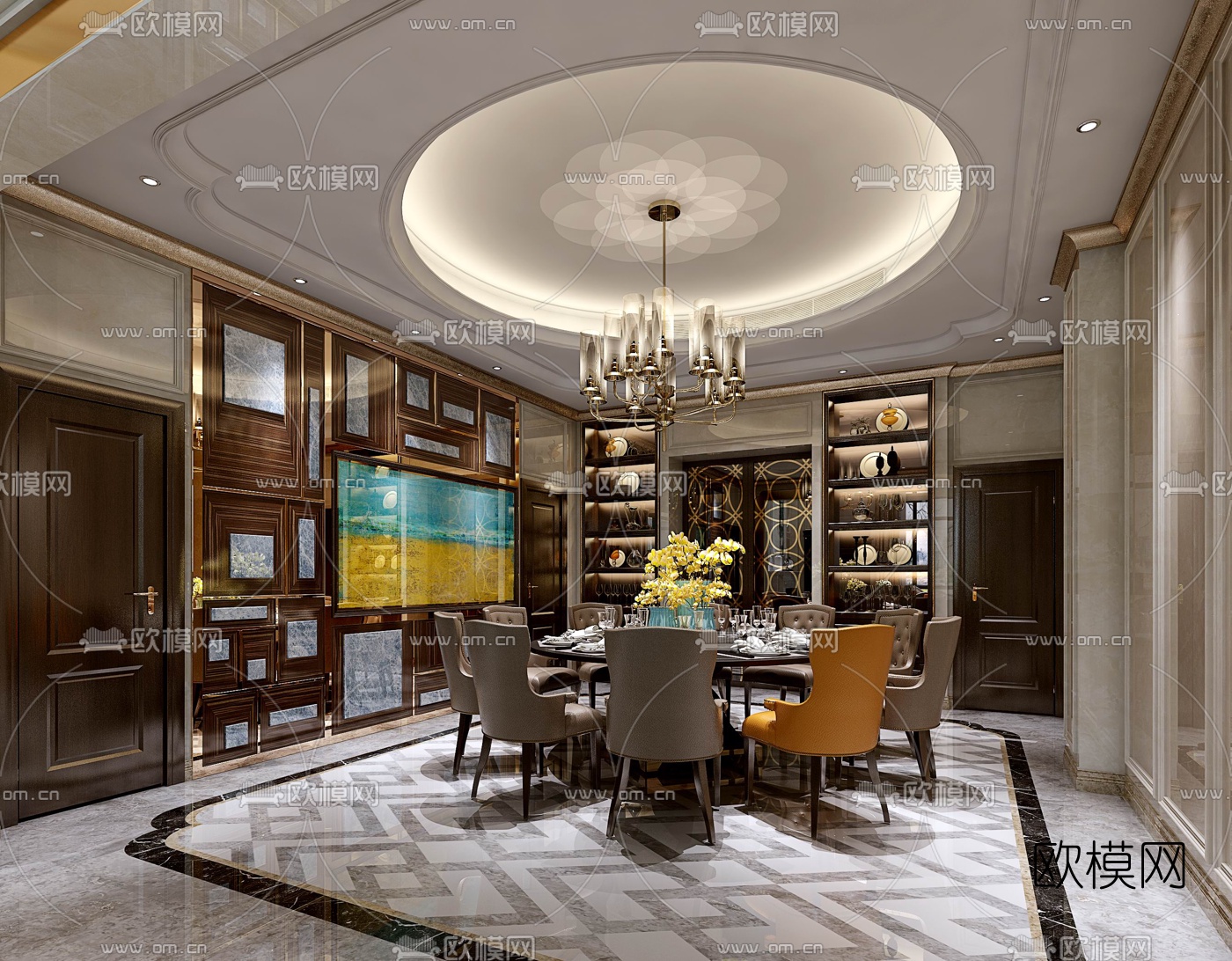 欧式别墅客厅餐厅玄关3D模型