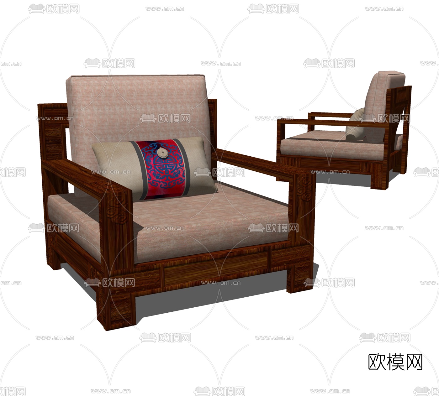新中式实木单人沙发su模型下载