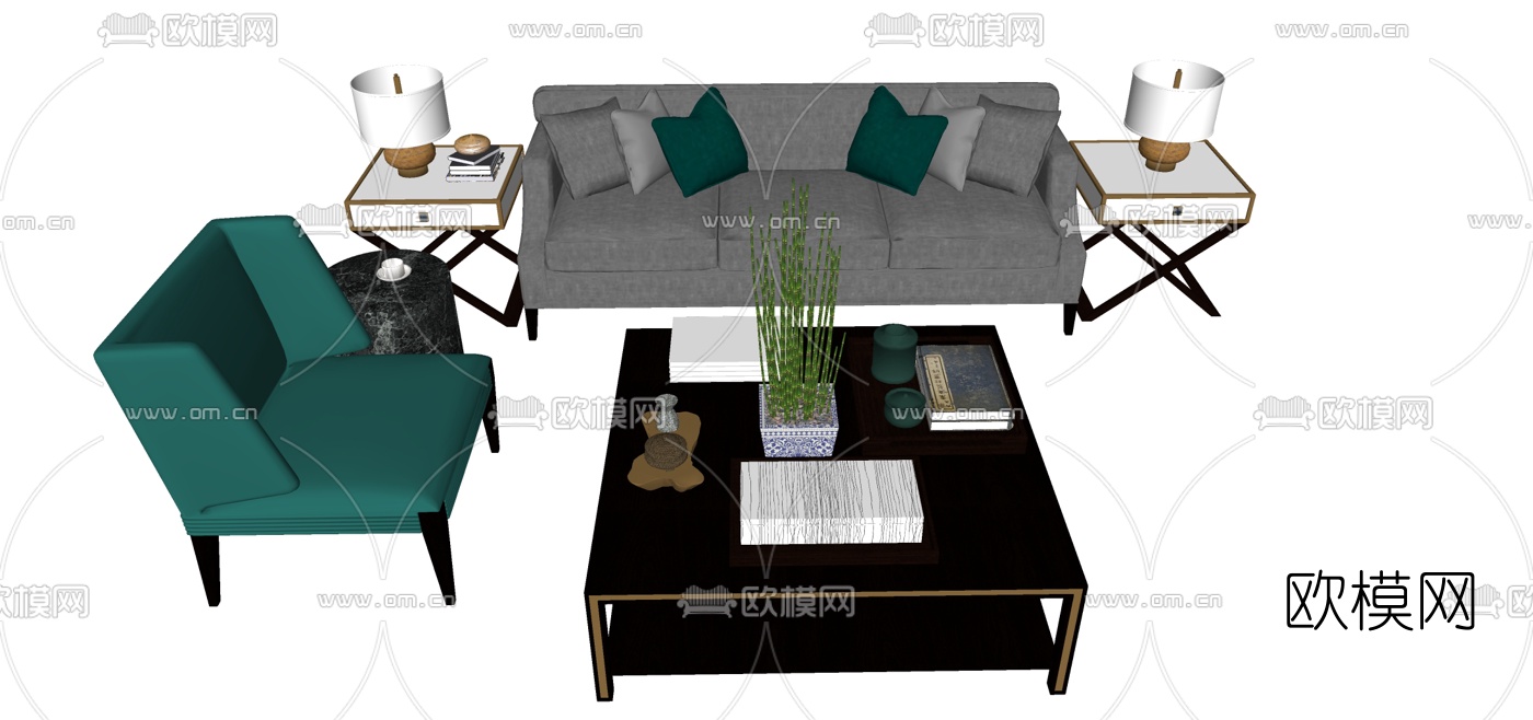 新中式沙发组合su模型下载（渲染图1）