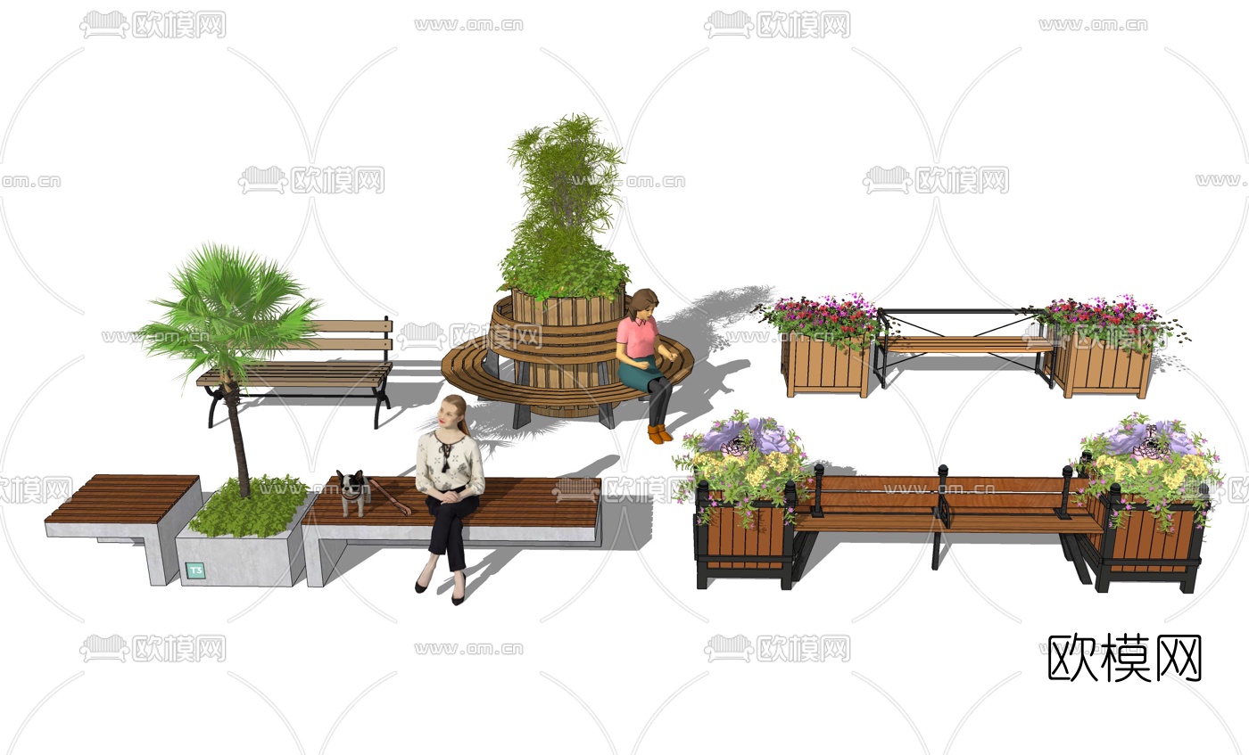 欧式户外花箱坐椅su模型下载