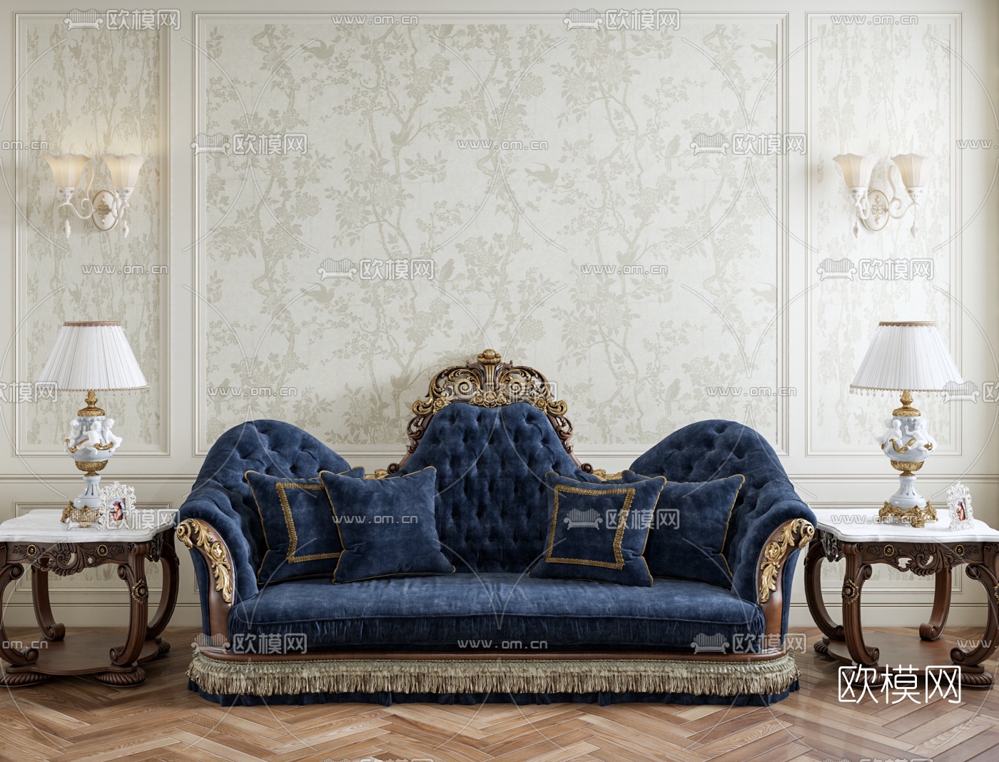欧式奢华布艺沙发 三人沙发3D模型下载