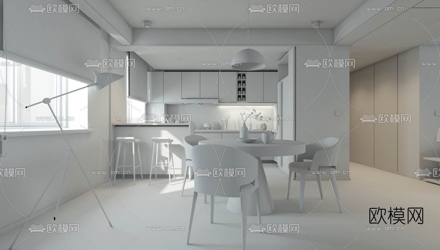 现代高级灰客厅餐厅3d模型