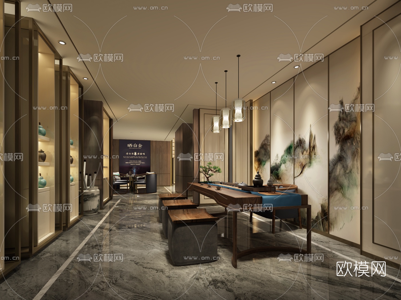新中式茶会所大堂茶室3d模型下载（渲染图3）