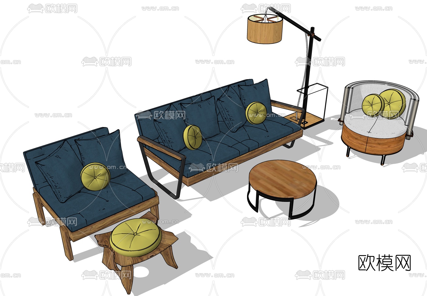 工业风简约沙发组合su模型下载（渲染图1）