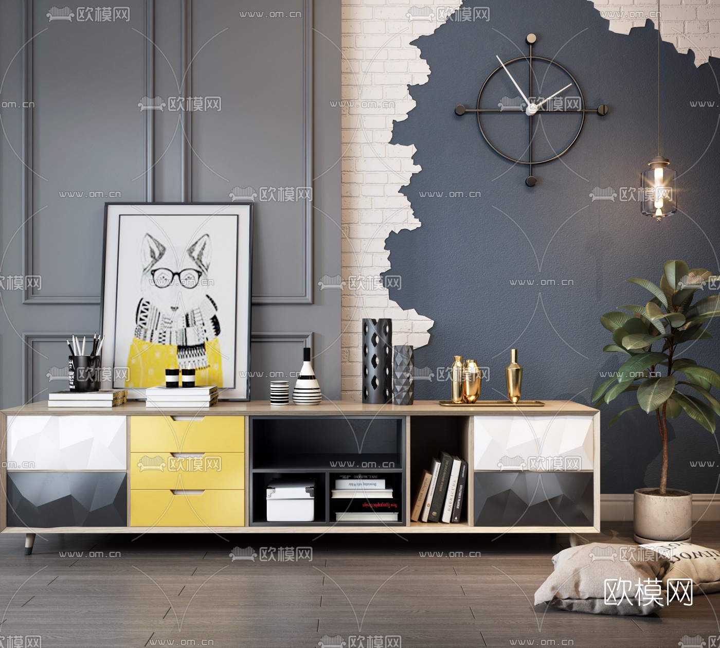 北欧实木电视柜吊灯书籍摆件组合3D模型下载