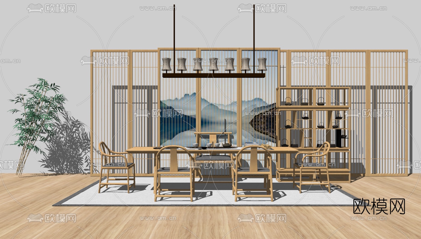 新中式实木茶桌椅组合su模型下载（渲染图2）
