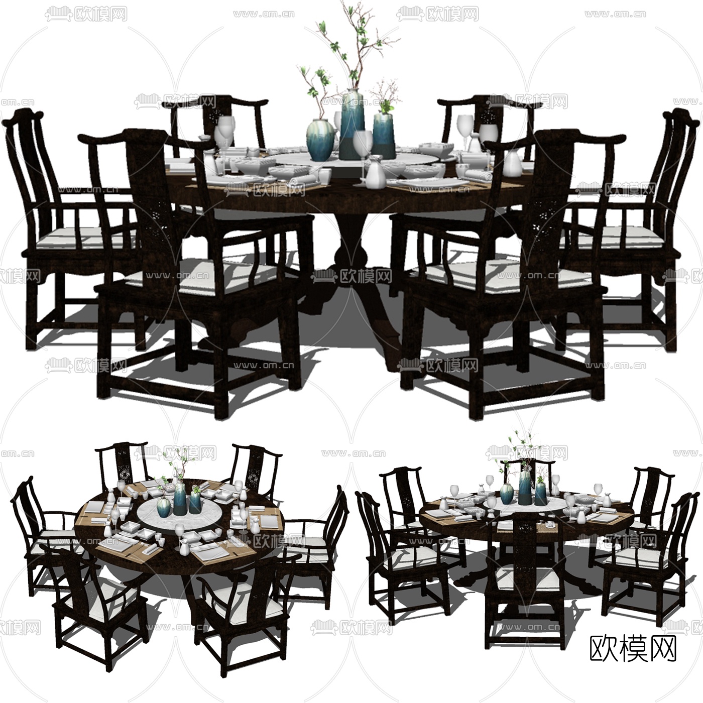 新中式实木圆形餐桌椅免费su模型下载