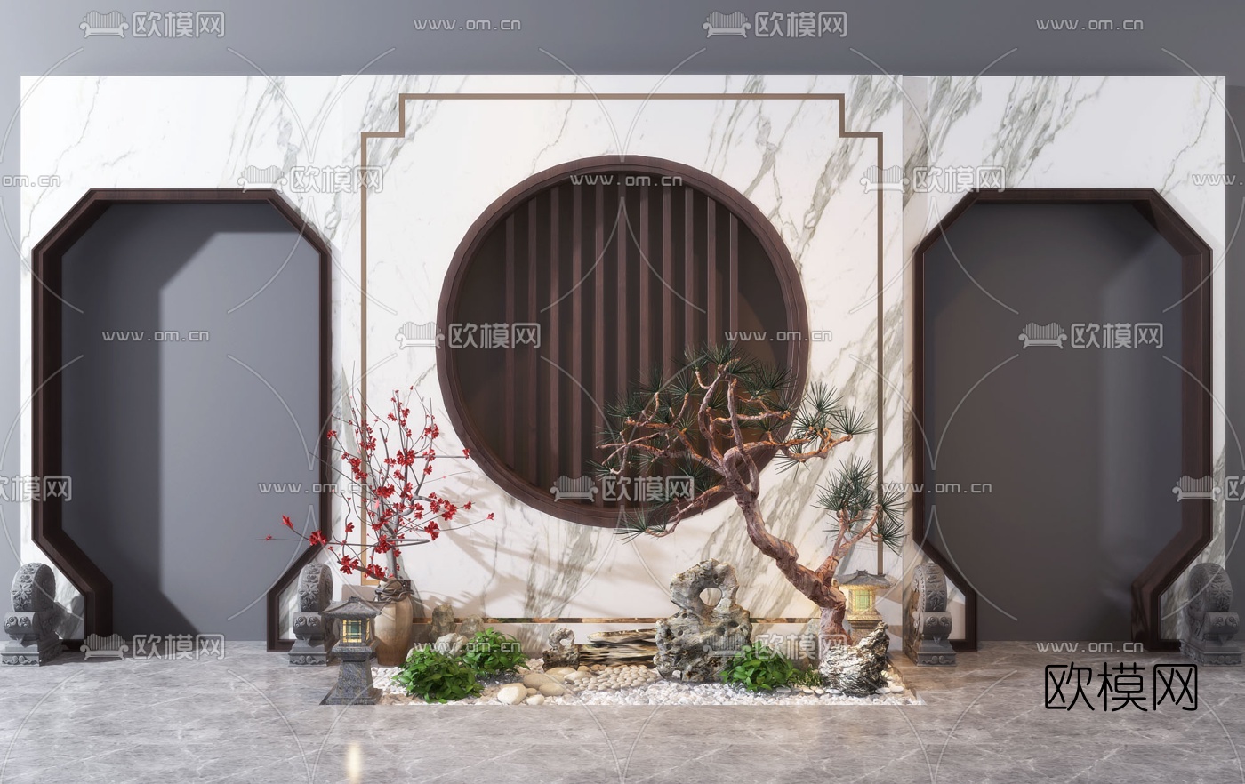 新中式石头松树园艺小品3d模型