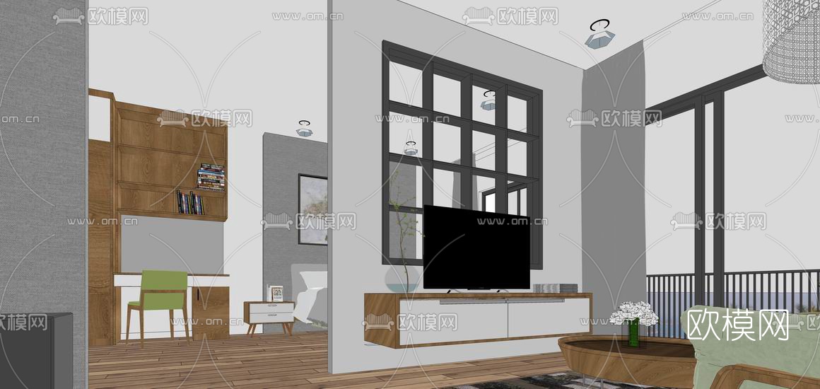 北欧卧室主人房su模型下载（渲染图1）