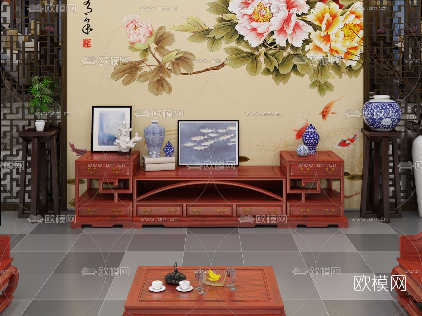 中式实木电视柜3d模型下载（渲染图1）